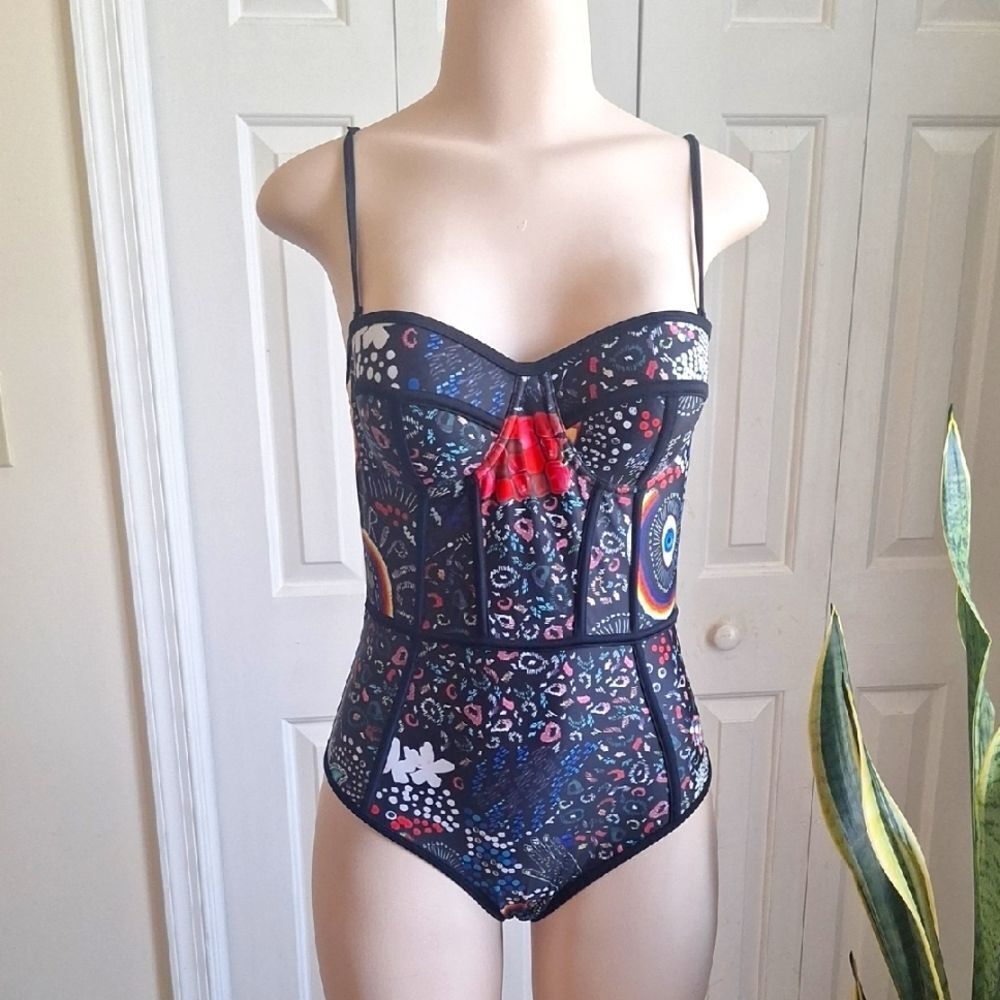 Vibrant Tropical Bustier One-Piece Swimsuit Rainbow Graphic & Black Piping Sz M - Picture 2 of 7
